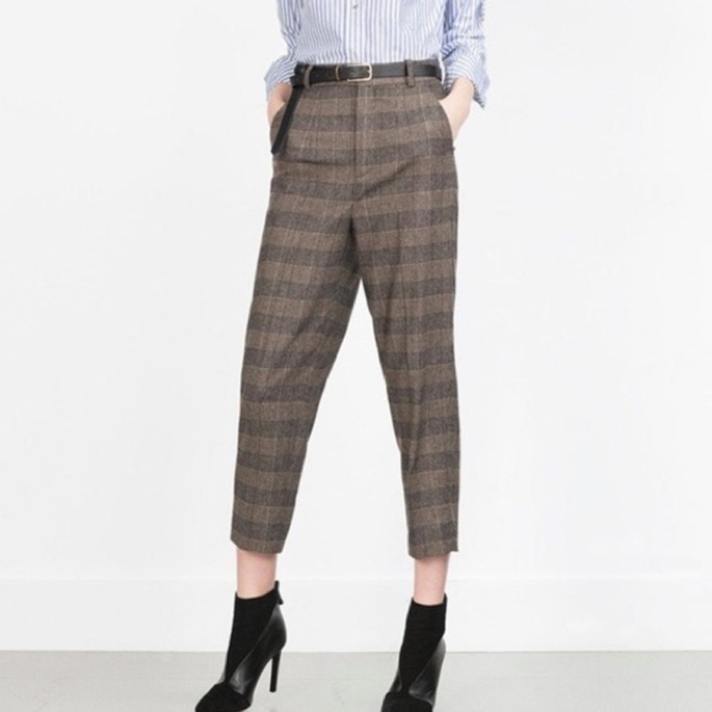 Zara Brown Plaid Wool Trousers